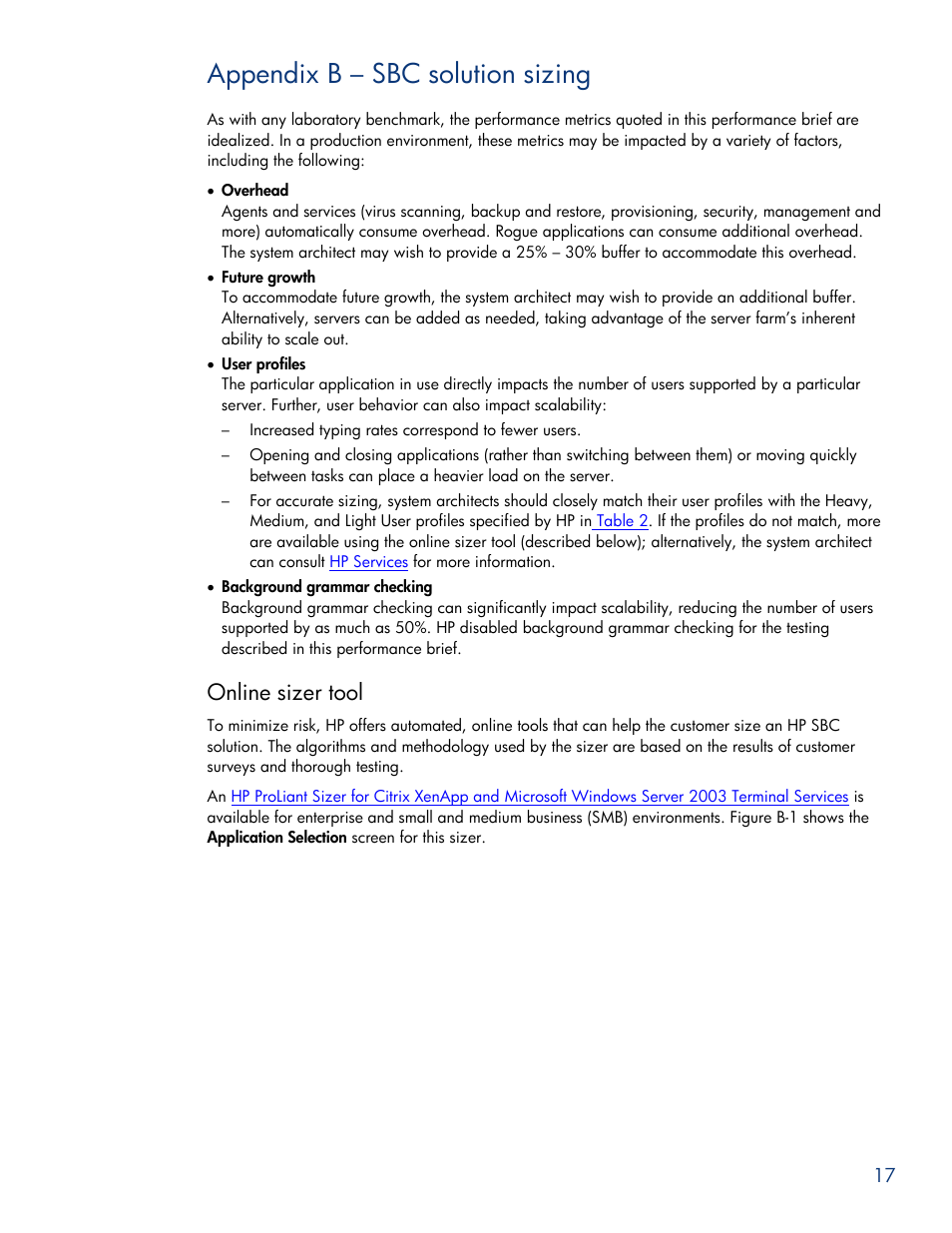 Appendix b – sbc solution sizing, Online sizer tool | HP ProLiant DL585 G5 User Manual | Page 17 / 19