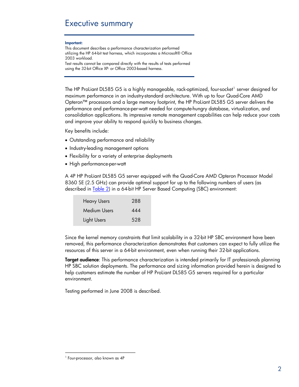 Executive summary | HP ProLiant DL585 G5 User Manual | Page 2 / 19