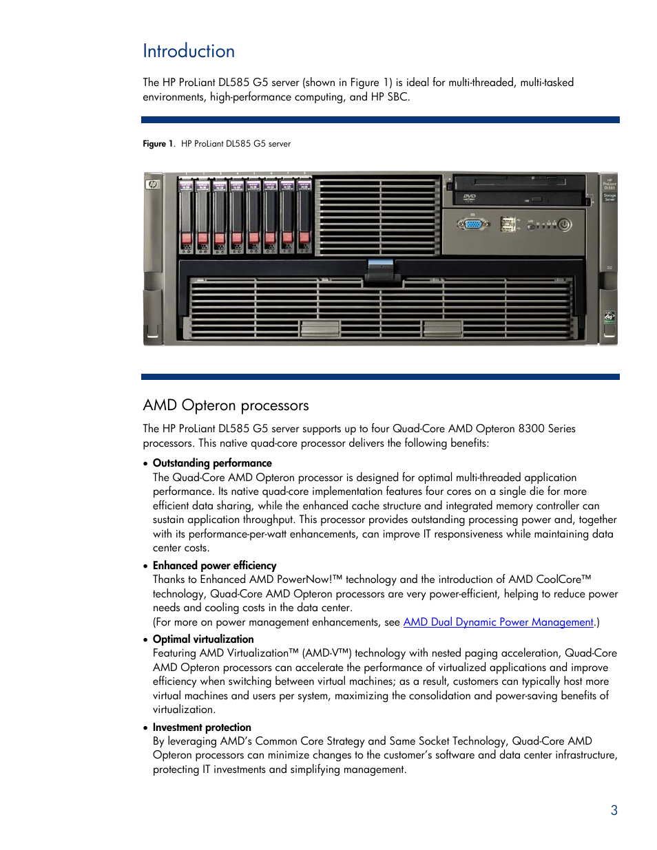 Introduction, Amd opteron processors | HP ProLiant DL585 G5 User Manual | Page 3 / 19