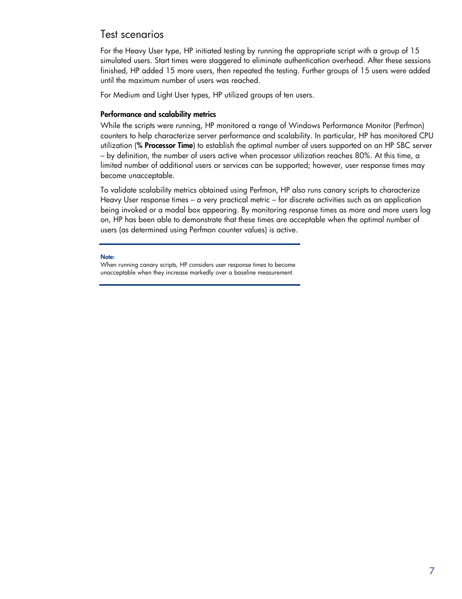 Test scenarios, Performance and scalability metrics | HP ProLiant DL585 G5 User Manual | Page 7 / 19