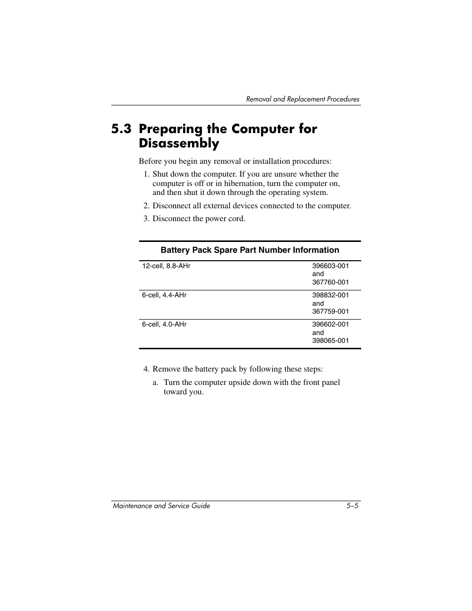 3 preparing the computer for disassembly, 3 preparing the computer for disassembly –5, Section 5.3 | Preparing the computer for disassembly | HP ze2300 User Manual | Page 105 / 239