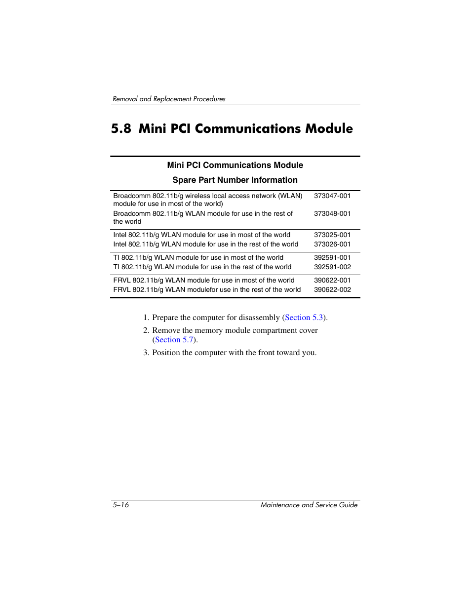 8 mini pci communications module, 8 mini pci communications module –16, Mini pci communications module | HP ze2300 User Manual | Page 116 / 239