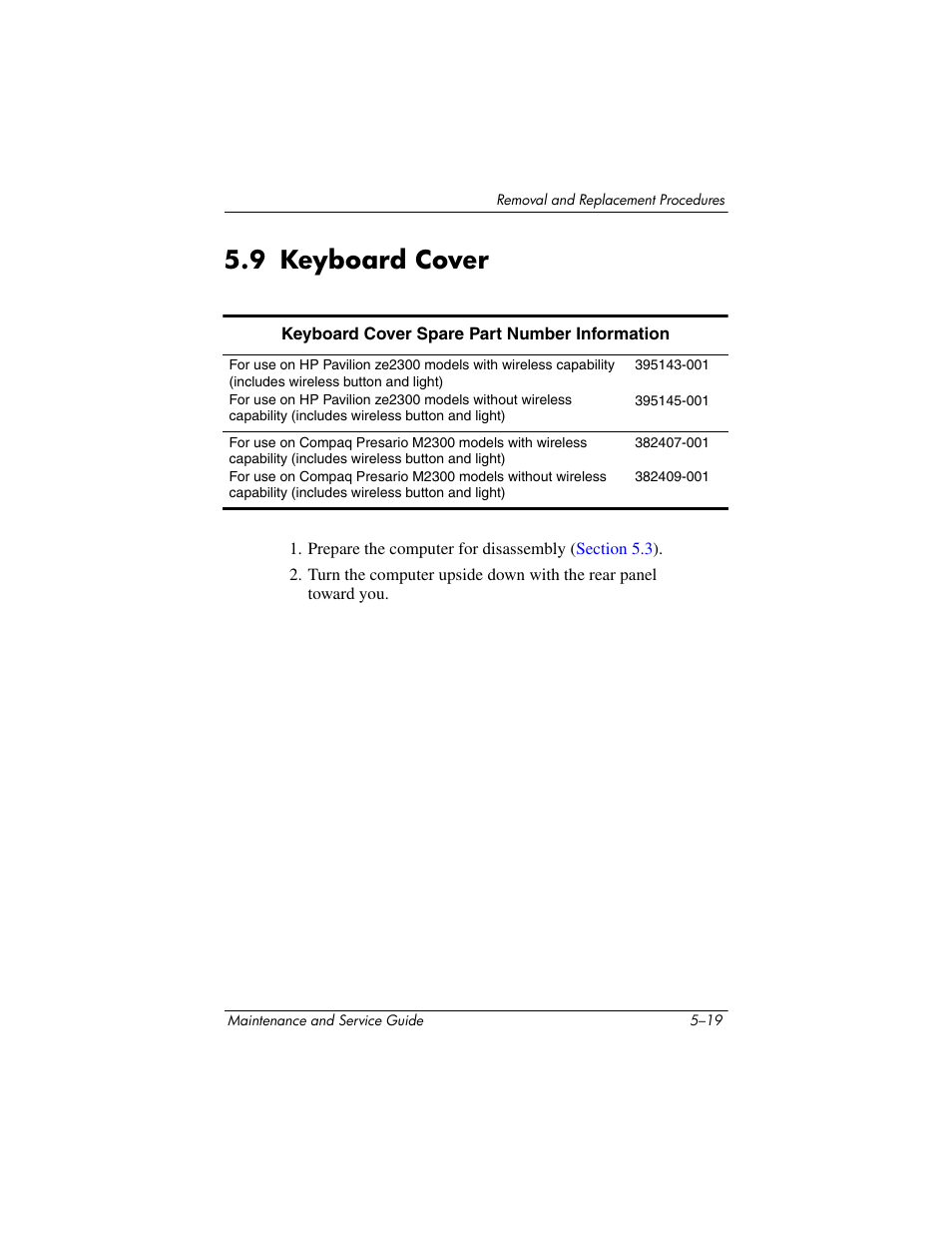 9 keyboard cover, 9 keyboard cover –19, Keyboard cover | HP ze2300 User Manual | Page 119 / 239