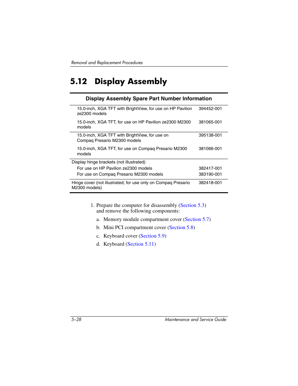 12 display assembly, 12 display assembly –28, Display assembly | HP ze2300 User Manual | Page 128 / 239