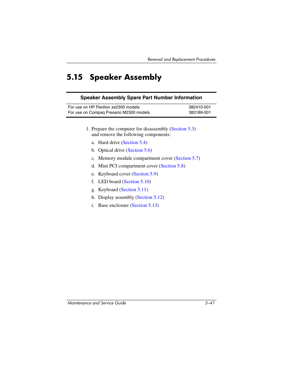 15 speaker assembly, 15 speaker assembly –41, Speaker assembly | HP ze2300 User Manual | Page 141 / 239
