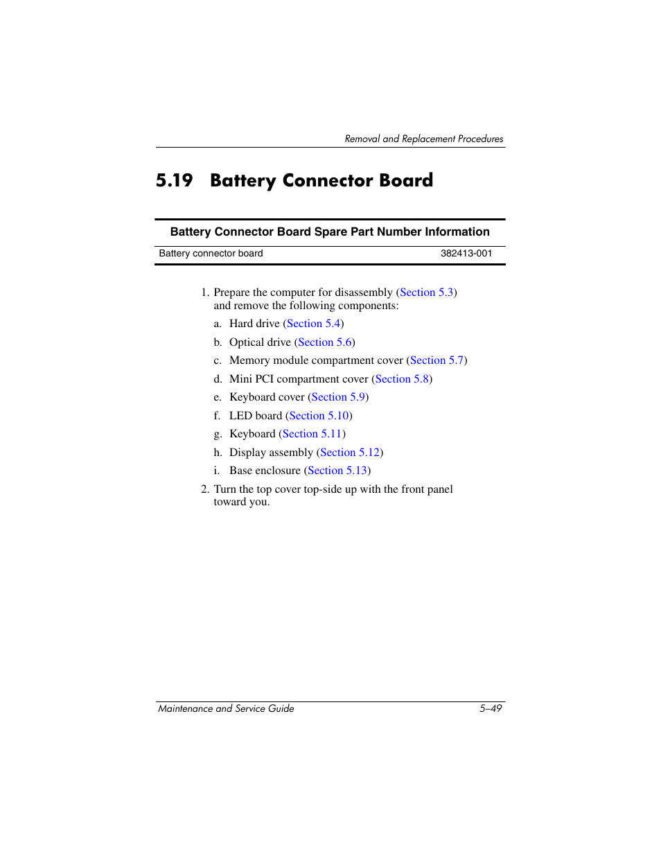 19 battery connector board, 19 battery connector board –49, Battery connector board | HP ze2300 User Manual | Page 149 / 239