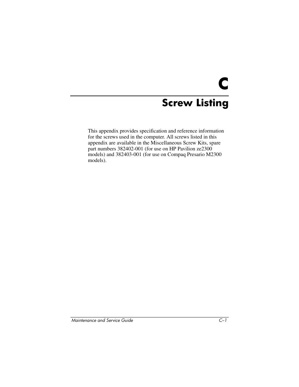 Screw listing, C screw listing | HP ze2300 User Manual | Page 195 / 239