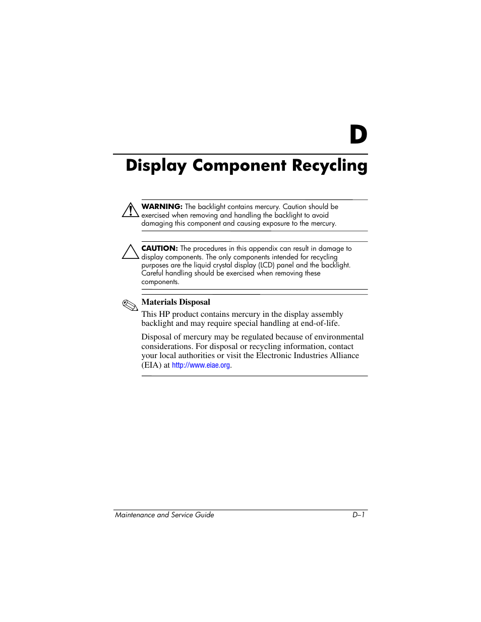 Display component recycling, D display component recycling | HP ze2300 User Manual | Page 219 / 239