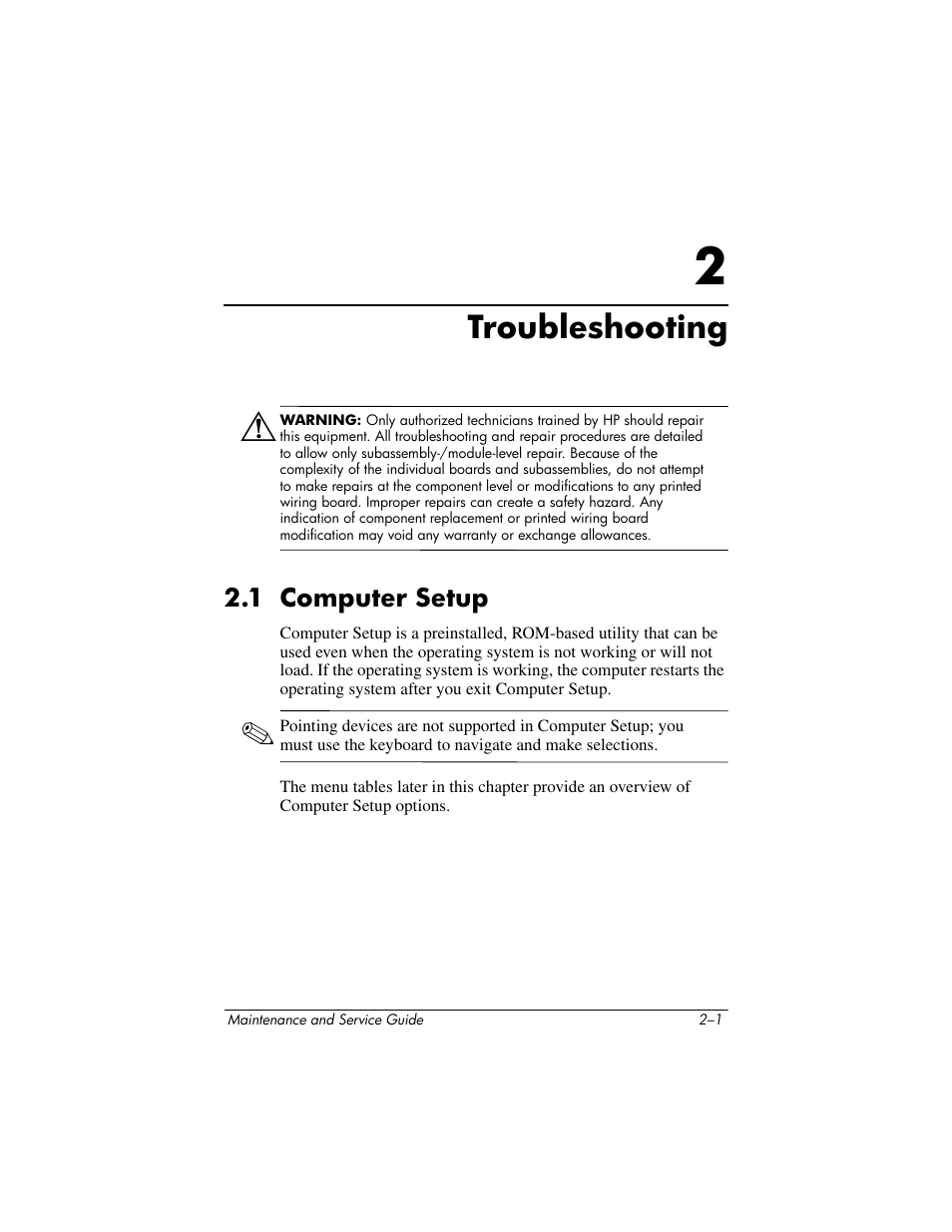 Troubleshooting, 1 computer setup, 2 troubleshooting | 1 computer setup –1 | HP ze2300 User Manual | Page 39 / 239