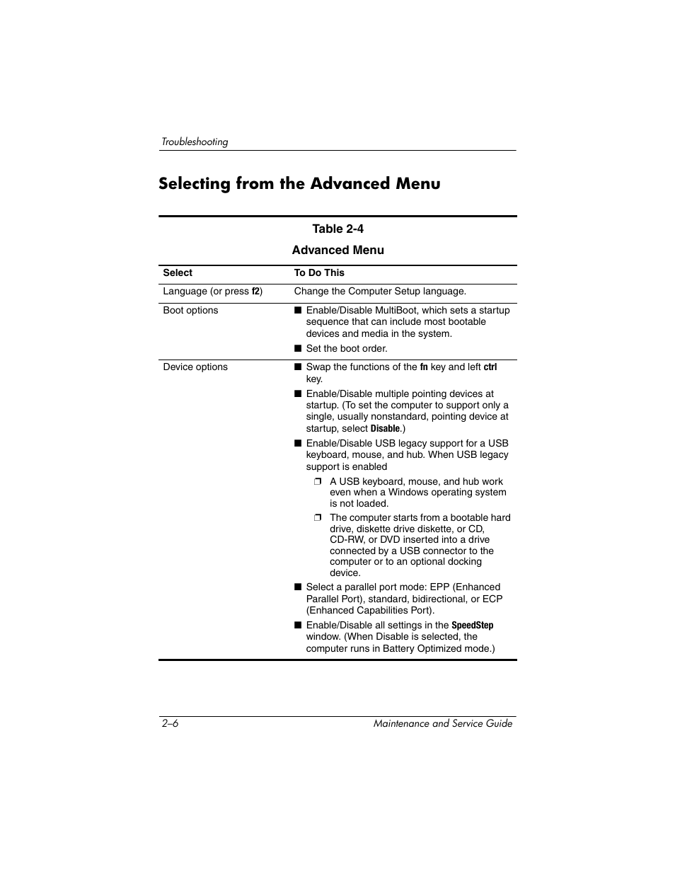 Selecting from the advanced menu, Selecting from the advanced menu –6 | HP ze2300 User Manual | Page 44 / 239