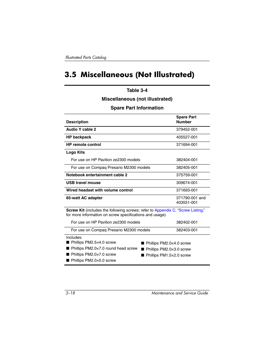 5 miscellaneous (not illustrated), 5 miscellaneous (not illustrated) –18 | HP ze2300 User Manual | Page 84 / 239