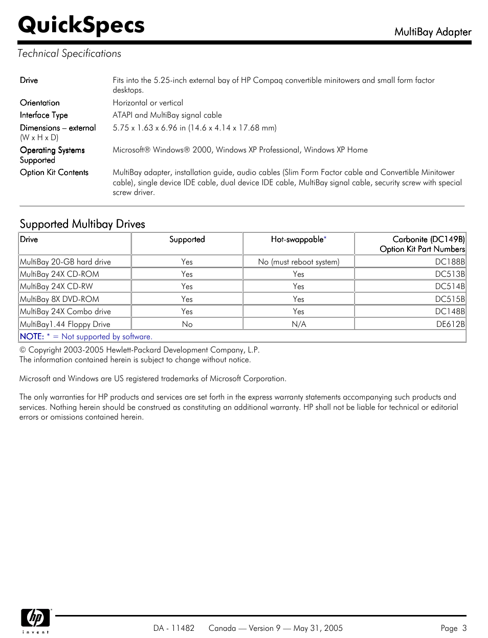 Technical specifications, Quickspecs, Supported multibay drives | Multibay adapter, Multibay adapter technical specifications | HP DC149B User Manual | Page 3 / 3