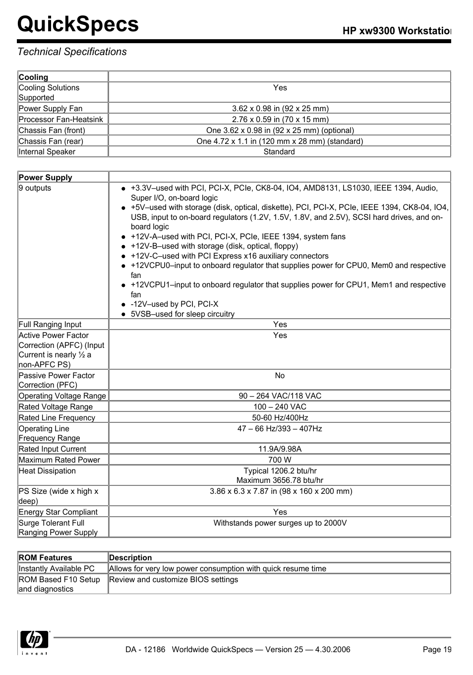 Technical specifications, Quickspecs, Hp xw9300 workstation technical specifications | HP XW9300 User Manual | Page 19 / 75
