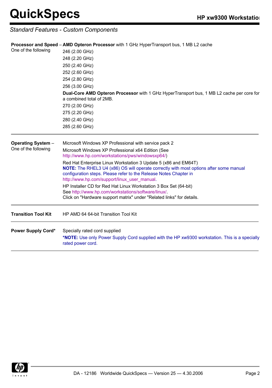Standard features - custom components, Quickspecs | HP XW9300 User Manual | Page 2 / 75