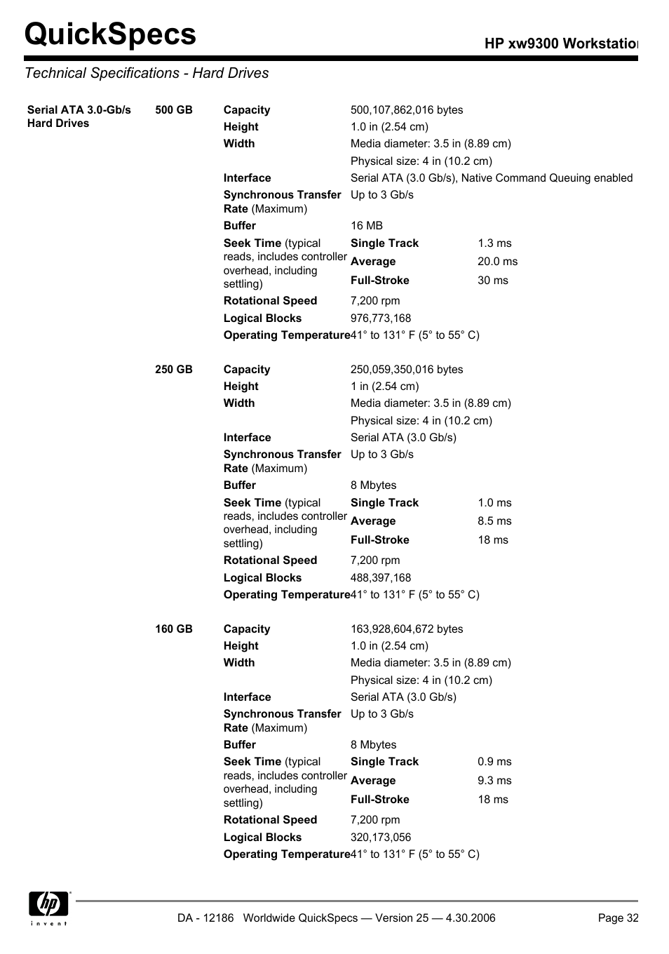 Technical specifications - hard drives, Quickspecs | HP XW9300 User Manual | Page 32 / 75