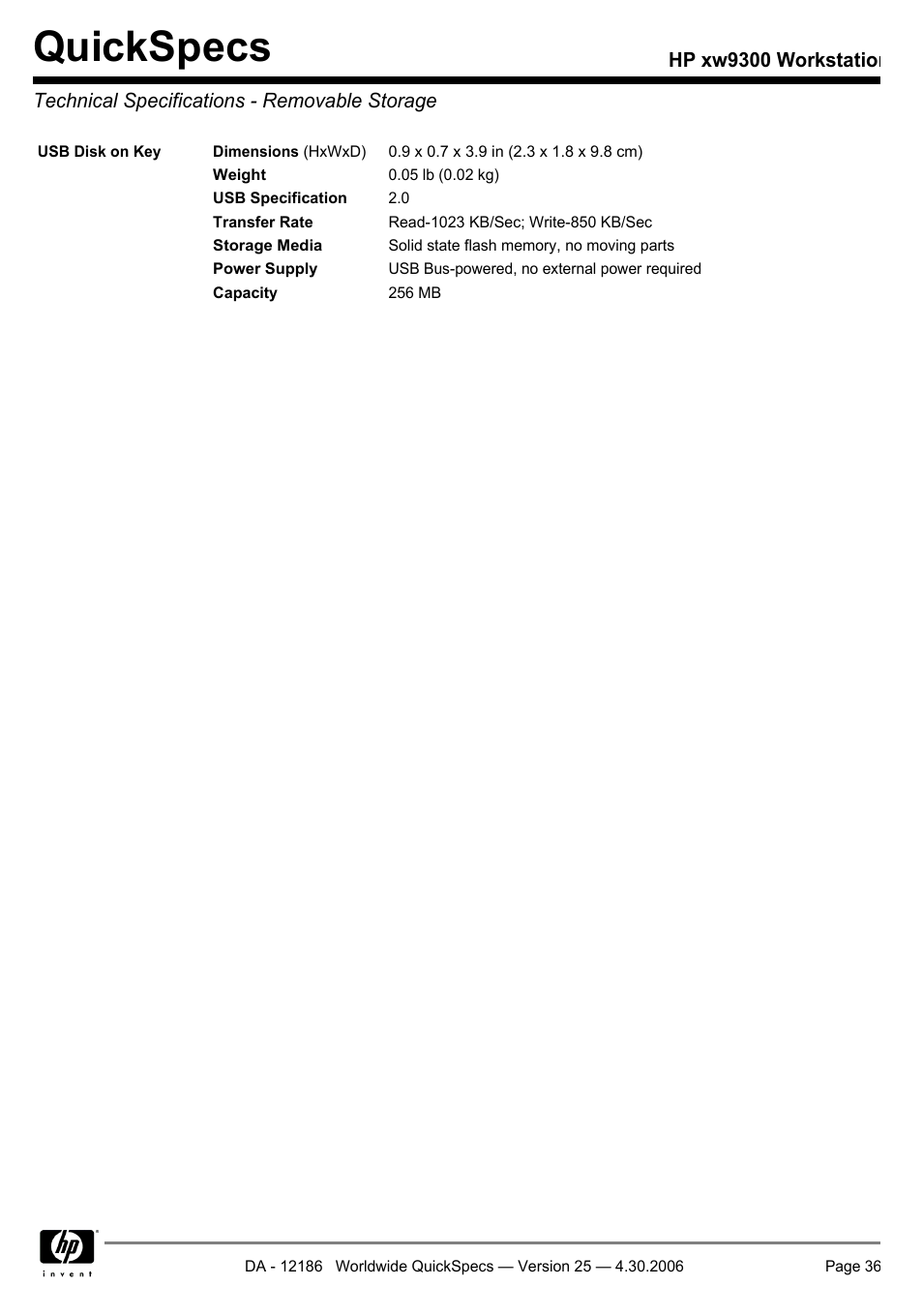 Technical specifications - removable storage, Quickspecs | HP XW9300 User Manual | Page 36 / 75