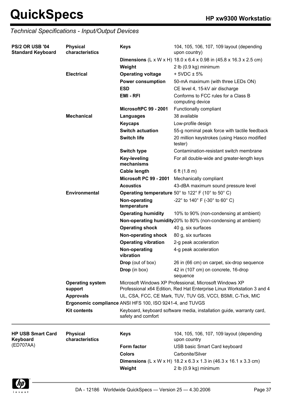 Technical specifications - input/output devices, Quickspecs | HP XW9300 User Manual | Page 37 / 75
