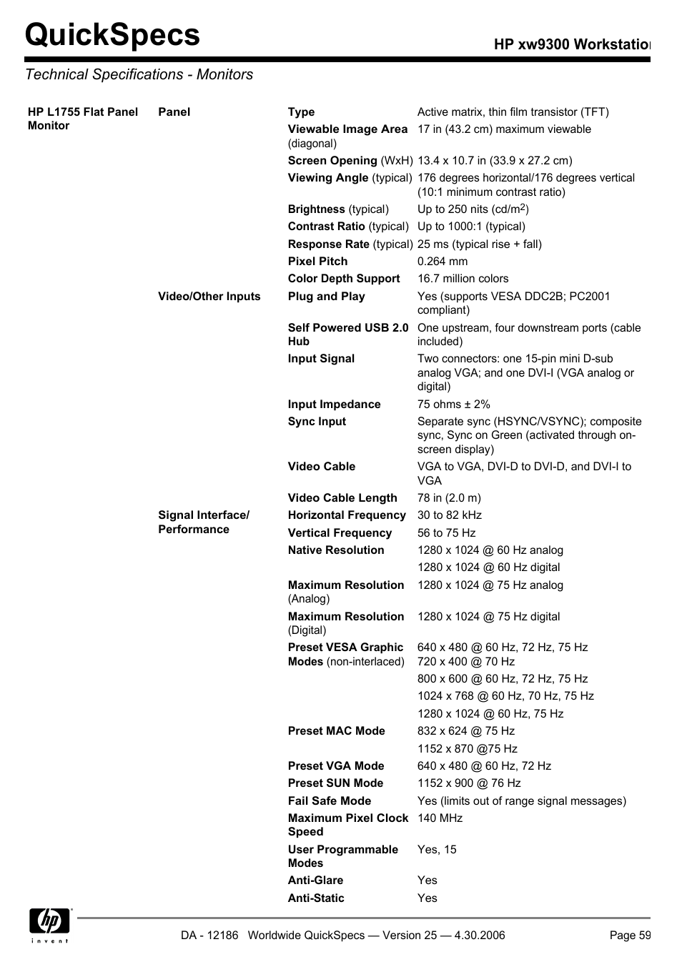 Technical specifications - monitors, Quickspecs | HP XW9300 User Manual | Page 59 / 75