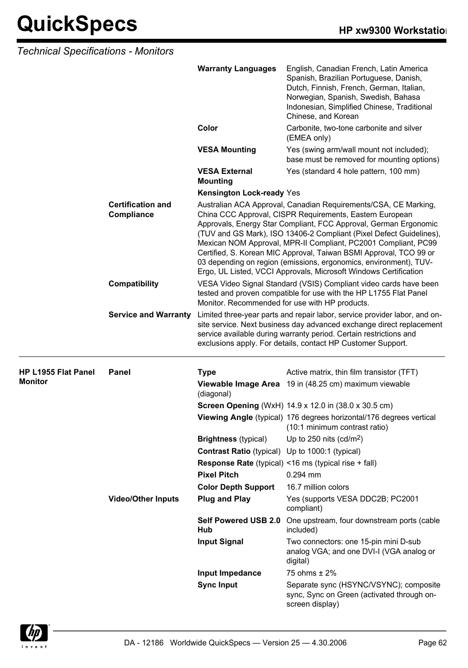Quickspecs | HP XW9300 User Manual | Page 62 / 75