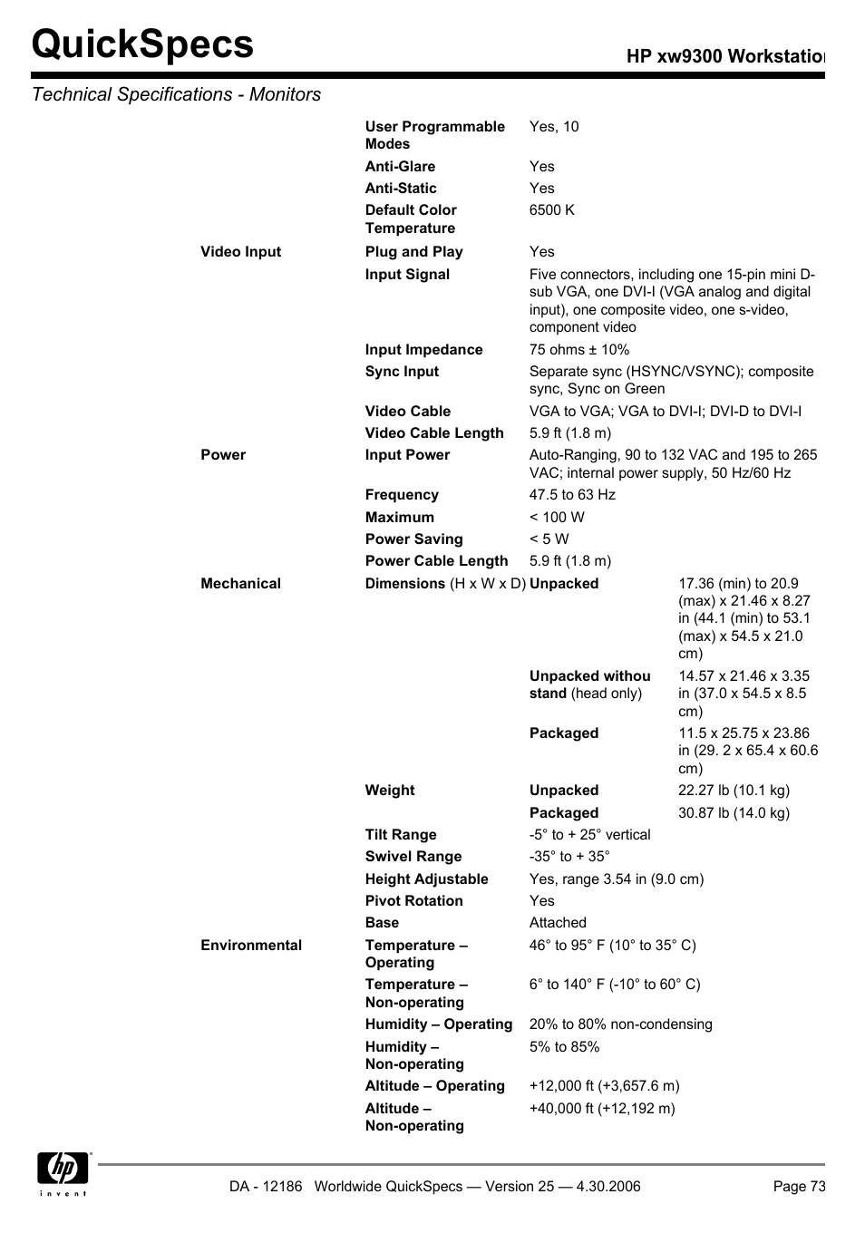 Quickspecs | HP XW9300 User Manual | Page 73 / 75