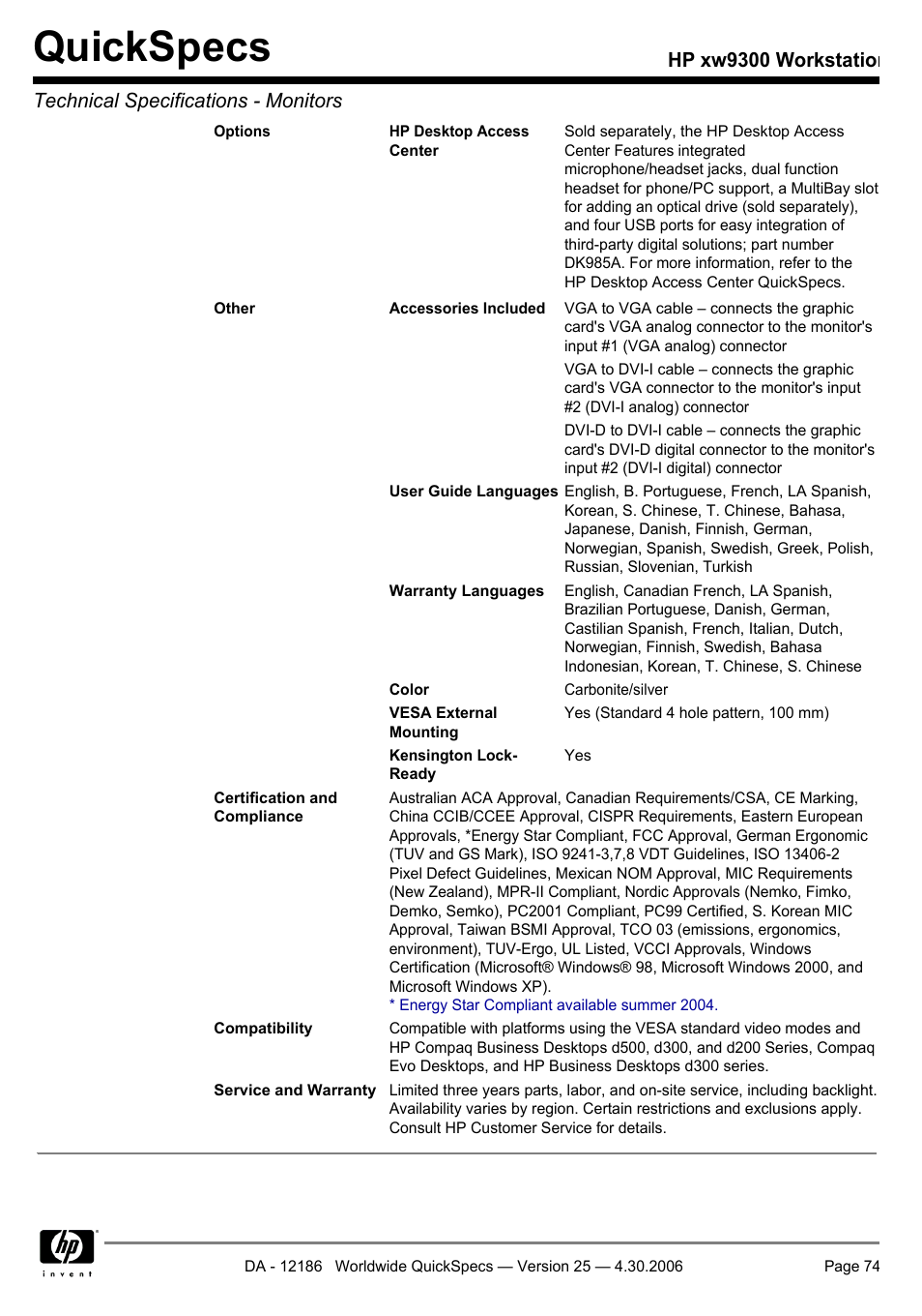 Quickspecs | HP XW9300 User Manual | Page 74 / 75