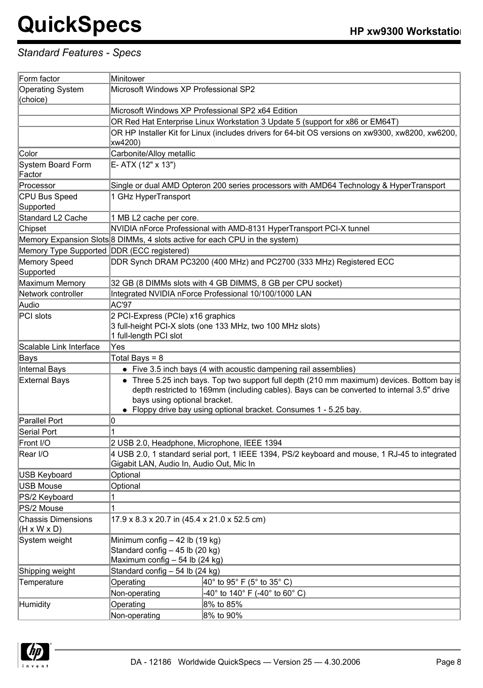Standard features - specs, Quickspecs, Hp xw9300 workstation standard features - specs | HP XW9300 User Manual | Page 8 / 75