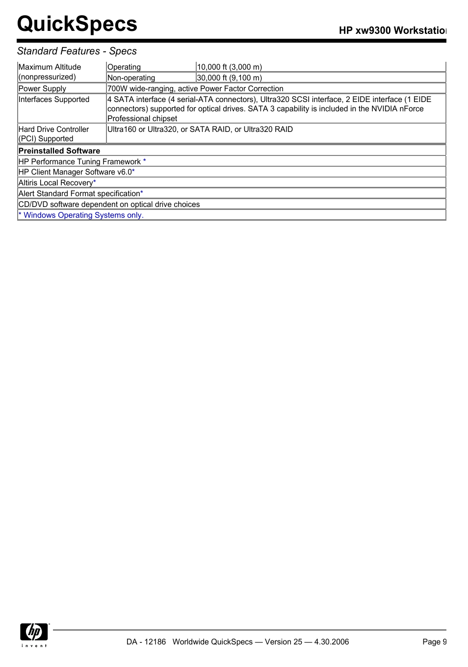 Quickspecs, Hp xw9300 workstation standard features - specs | HP XW9300 User Manual | Page 9 / 75