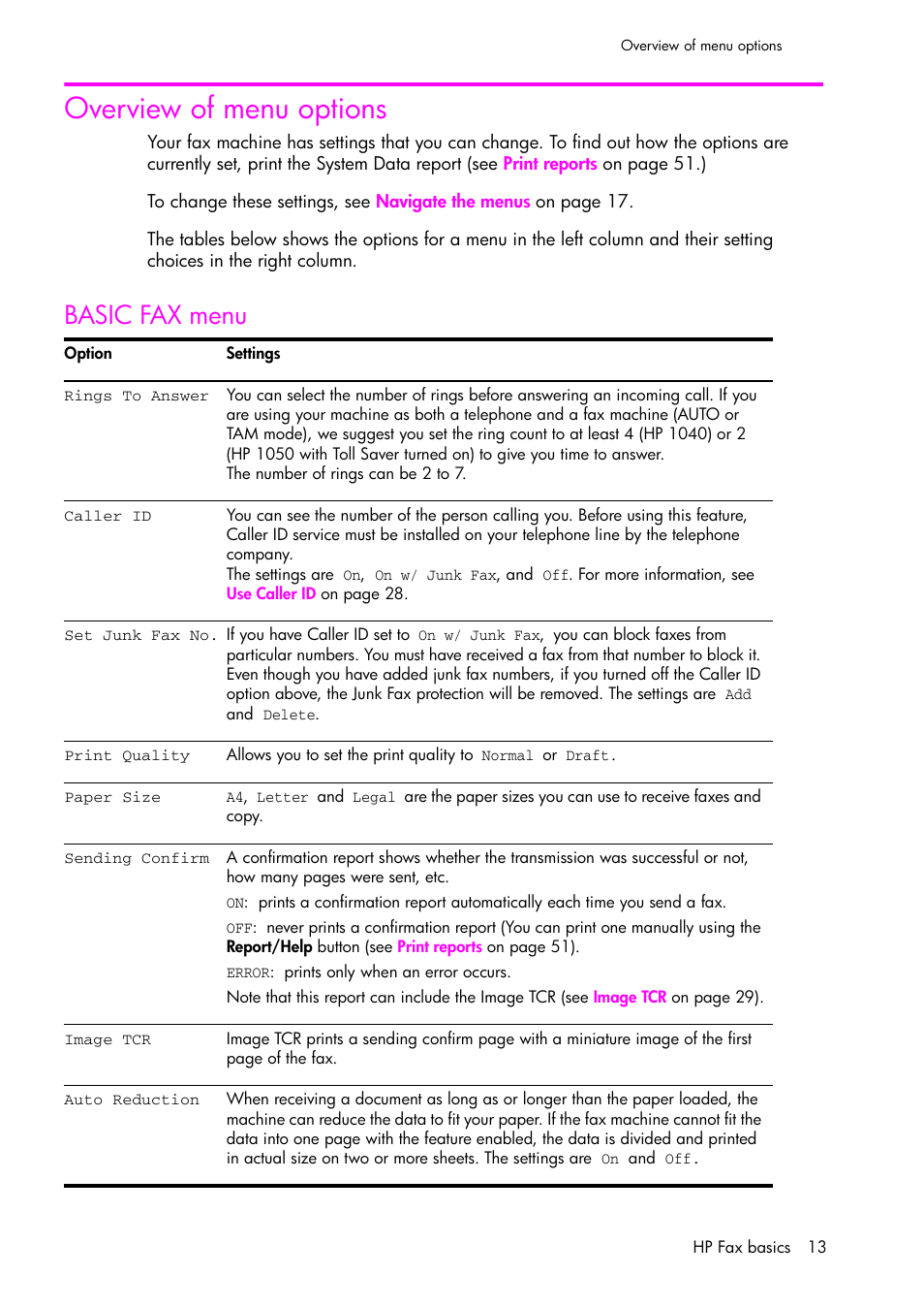 Overview of menu options, Basic fax menu, For more information | Paper size | HP 1040 User Manual | Page 19 / 94
