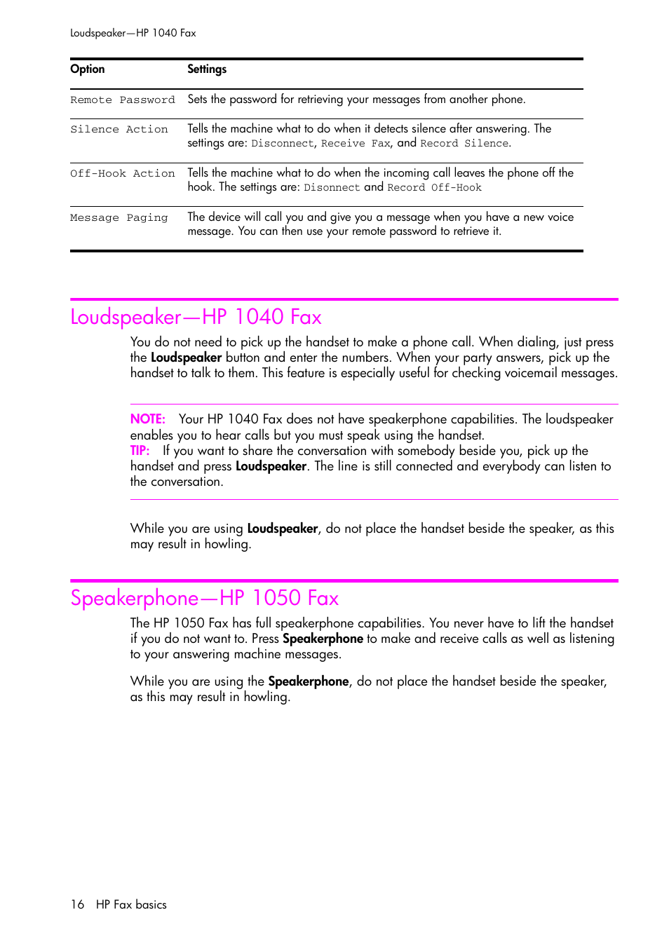 Loudspeaker-hp 1040 fax, Speakerphone-hp 1050 fax, Loudspeaker—hp 1040 fax | Speakerphone—hp 1050 fax | HP 1040 User Manual | Page 22 / 94