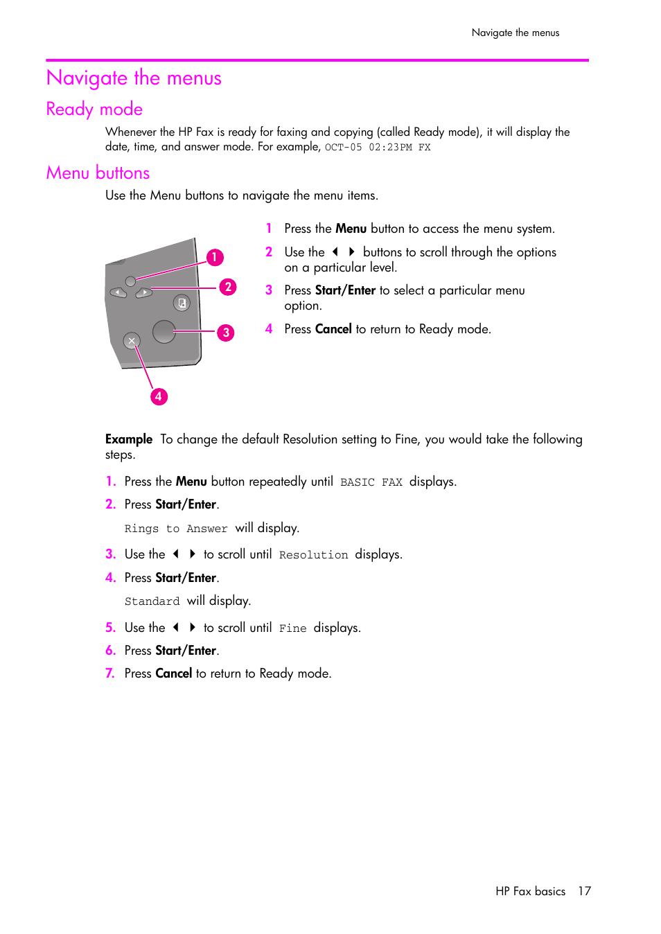 Navigate the menus, Ready mode, Menu buttons | HP 1040 User Manual | Page 23 / 94