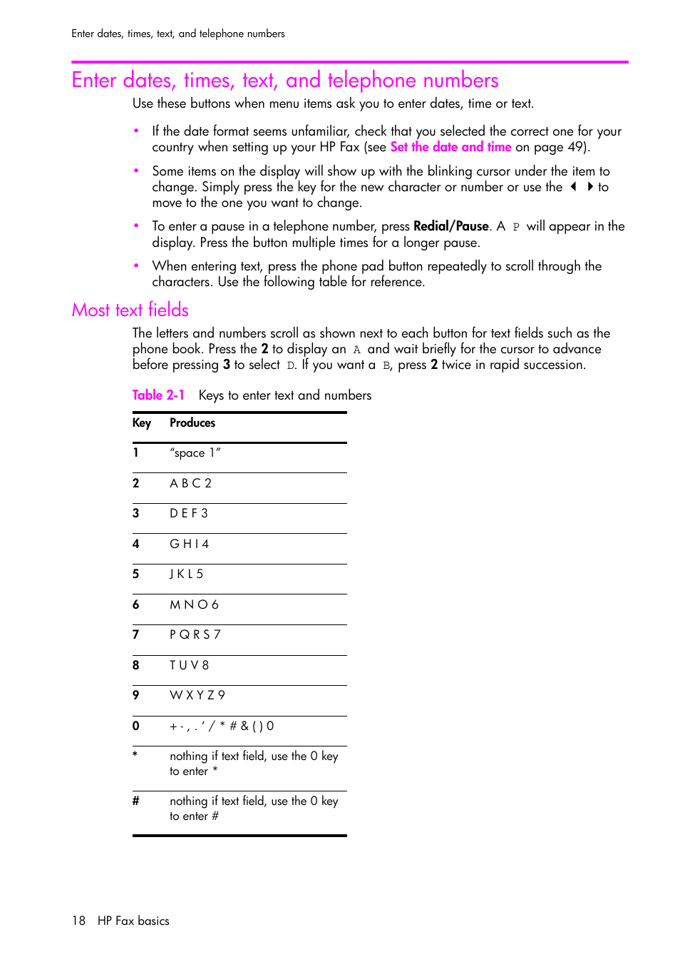 Enter dates, times, text, and telephone numbers, Most text fields | HP 1040 User Manual | Page 24 / 94