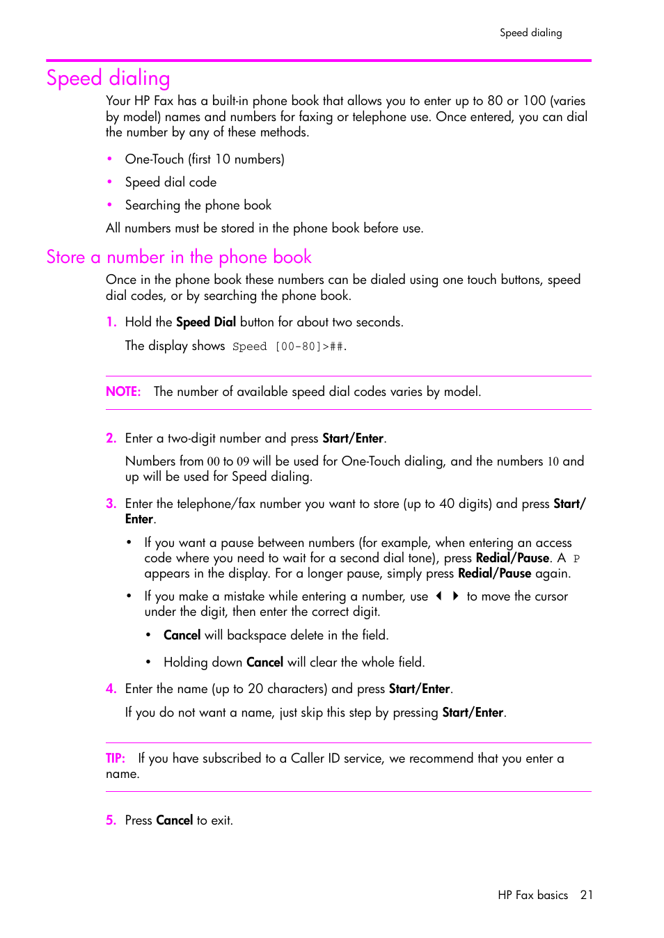 Speed dialing, Store a number in the phone book | HP 1040 User Manual | Page 27 / 94