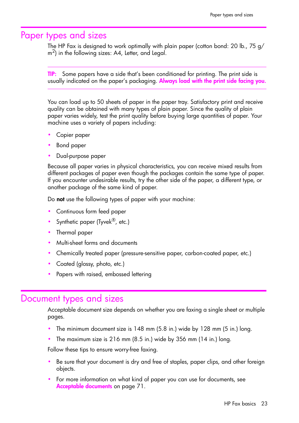 Paper types and sizes, Document types and sizes | HP 1040 User Manual | Page 29 / 94