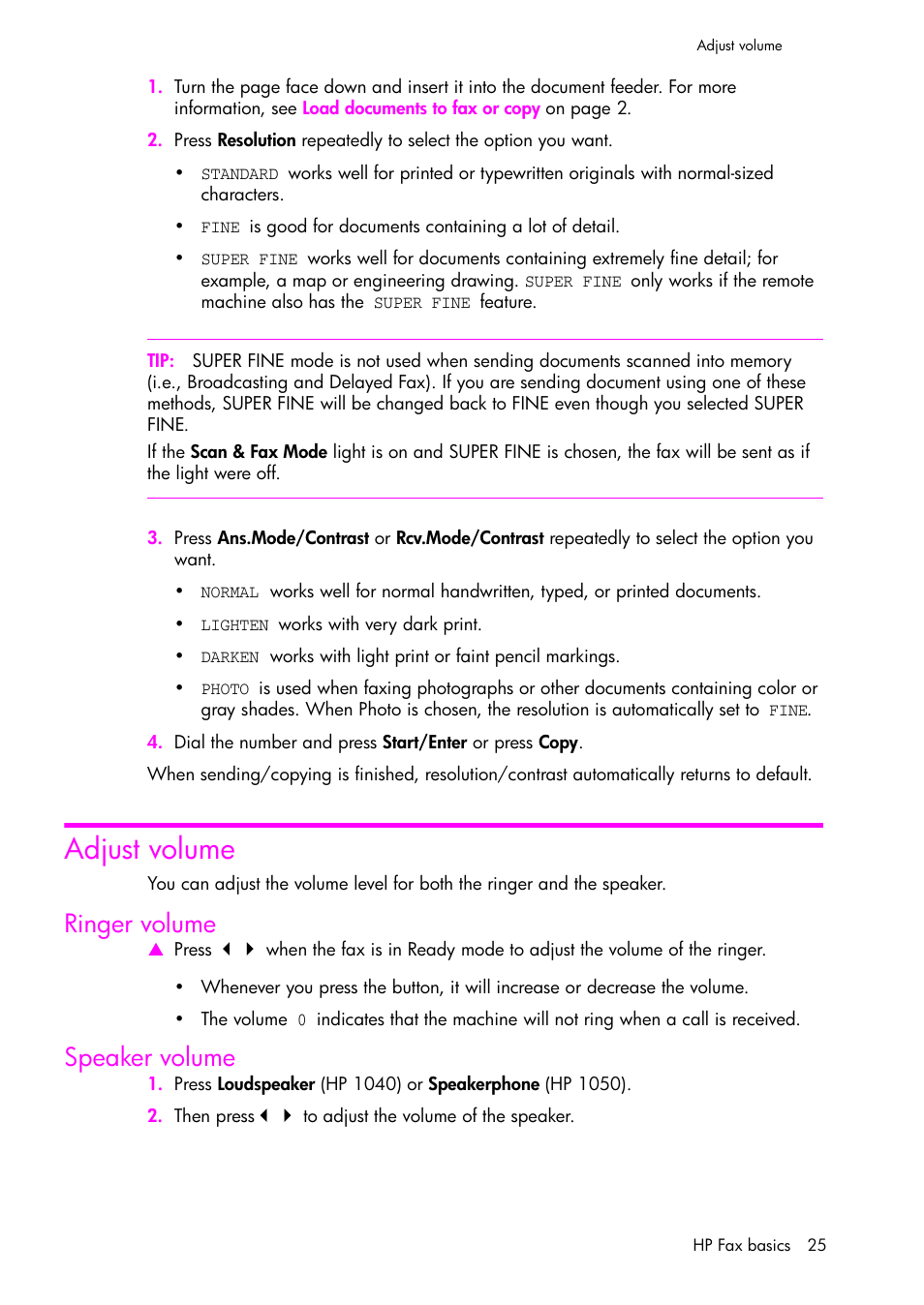 Adjust volume, Ringer volume, Speaker volume | HP 1040 User Manual | Page 31 / 94
