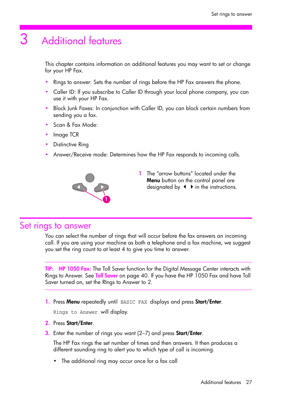 Additional features, Set rings to answer, For more information, see | HP 1040 User Manual | Page 33 / 94