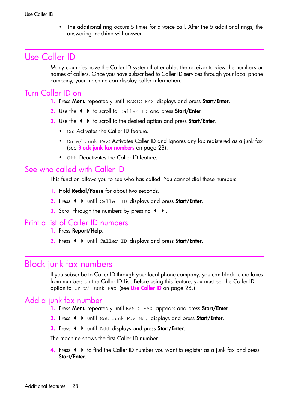 Use caller id, Turn caller id on, See who called with caller id | Print a list of caller id numbers, Block junk fax numbers, Add a junk fax number, For more information, see | HP 1040 User Manual | Page 34 / 94