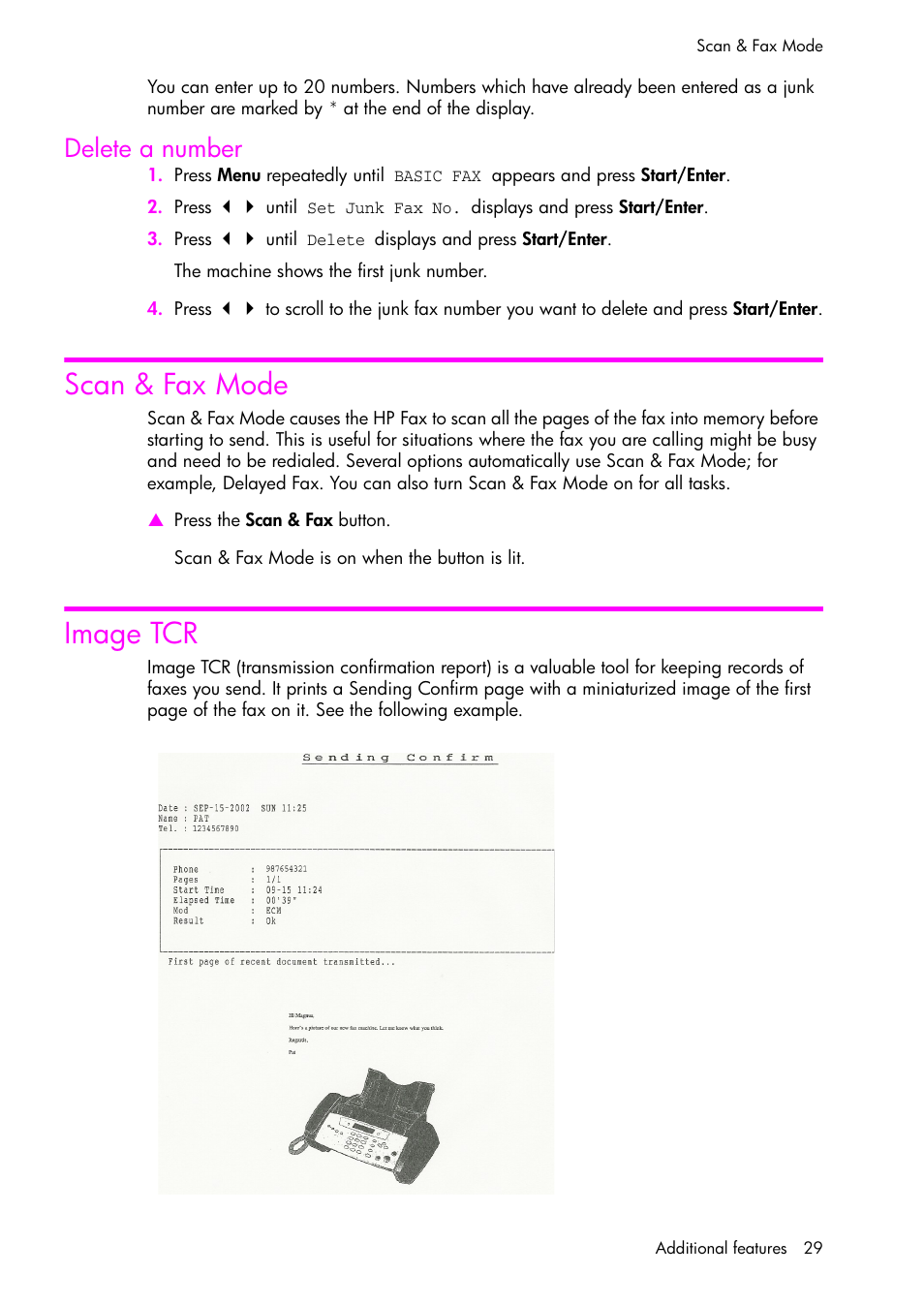 Delete a number, Scan & fax mode, Image tcr | HP 1040 User Manual | Page 35 / 94