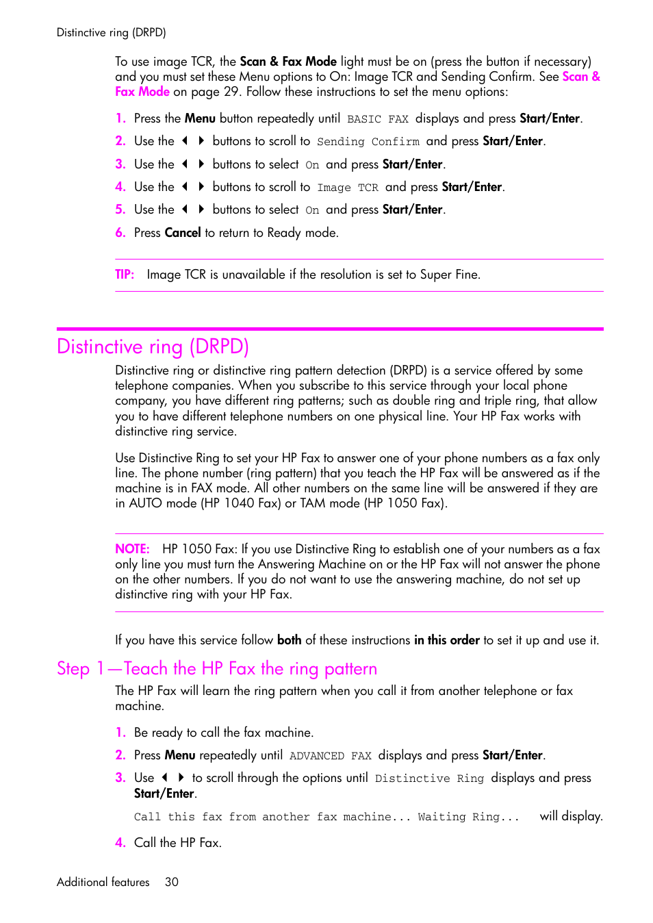 Distinctive ring (drpd), Step 1-teach the hp fax the ring pattern, For more information, see | Distinctive ring, Drpd), Step 1—teach the hp fax the ring pattern | HP 1040 User Manual | Page 36 / 94