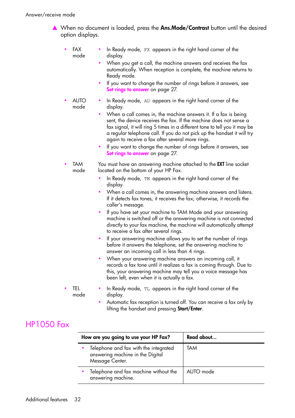 Hp1050 fax, Mode (see, Auto mode | HP 1040 User Manual | Page 38 / 94