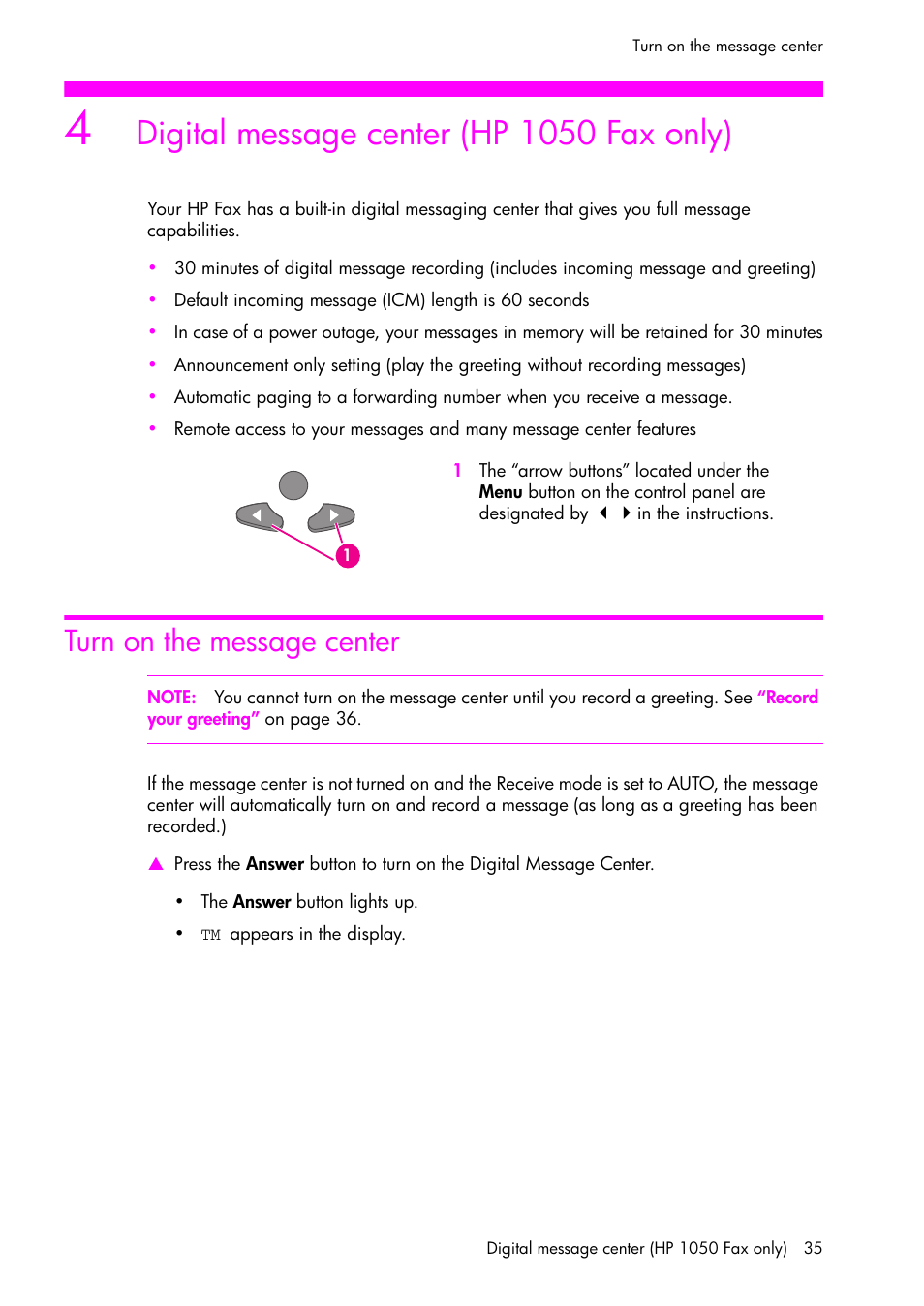 Digital message center (hp 1050 fax only), Turn on the message center | HP 1040 User Manual | Page 41 / 94