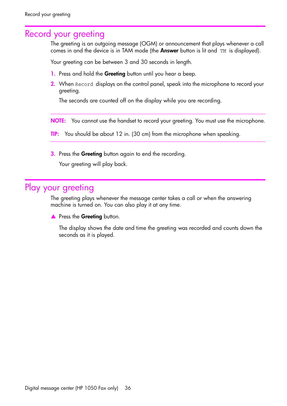 Record your greeting, Play your greeting, Record | Your greeting | HP 1040 User Manual | Page 42 / 94