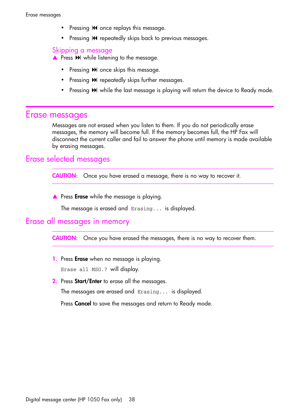 Skipping a message, Erase messages, Erase selected messages | Erase all messages in memory | HP 1040 User Manual | Page 44 / 94