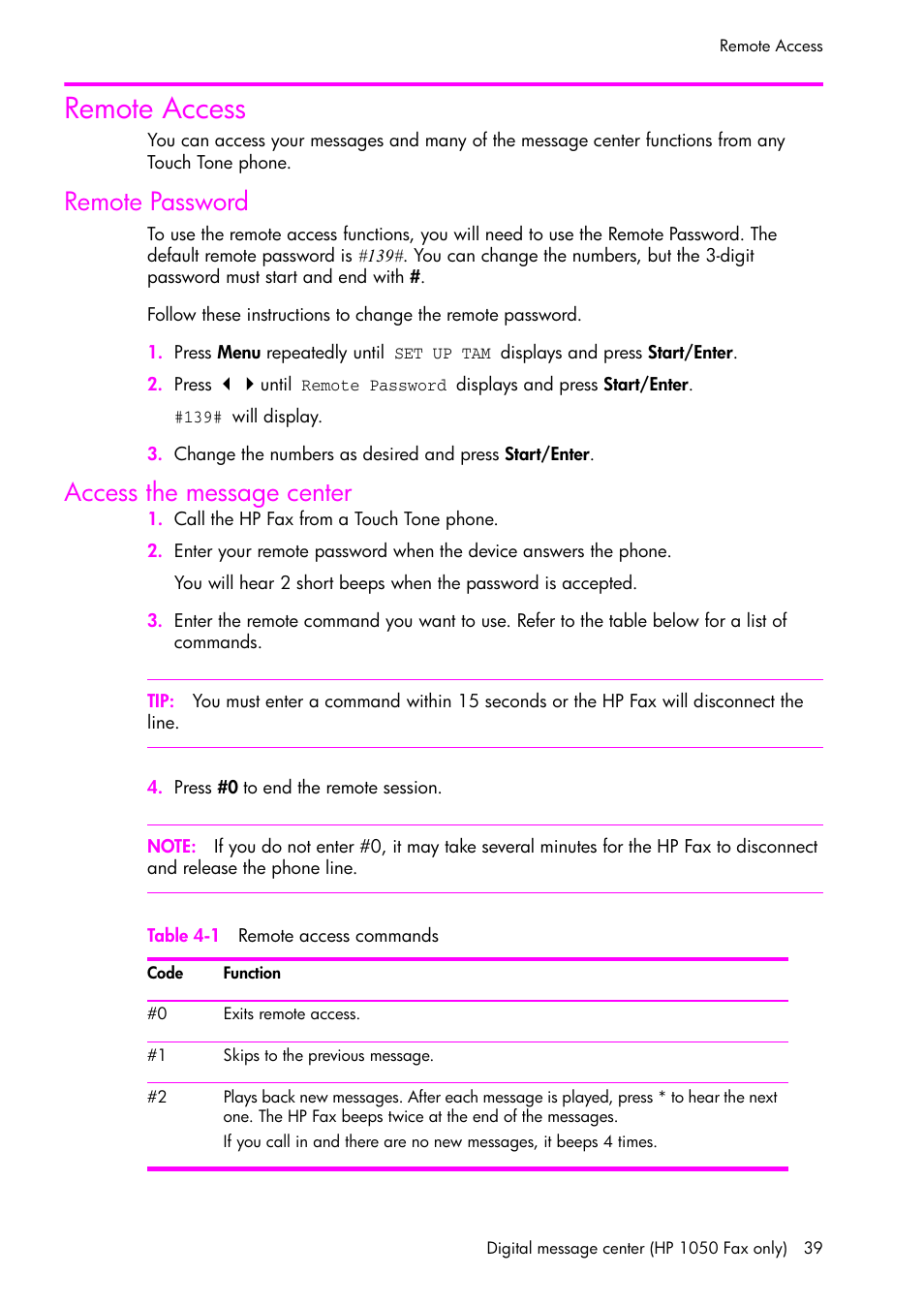 Remote access, Remote password, Access the message center | HP 1040 User Manual | Page 45 / 94