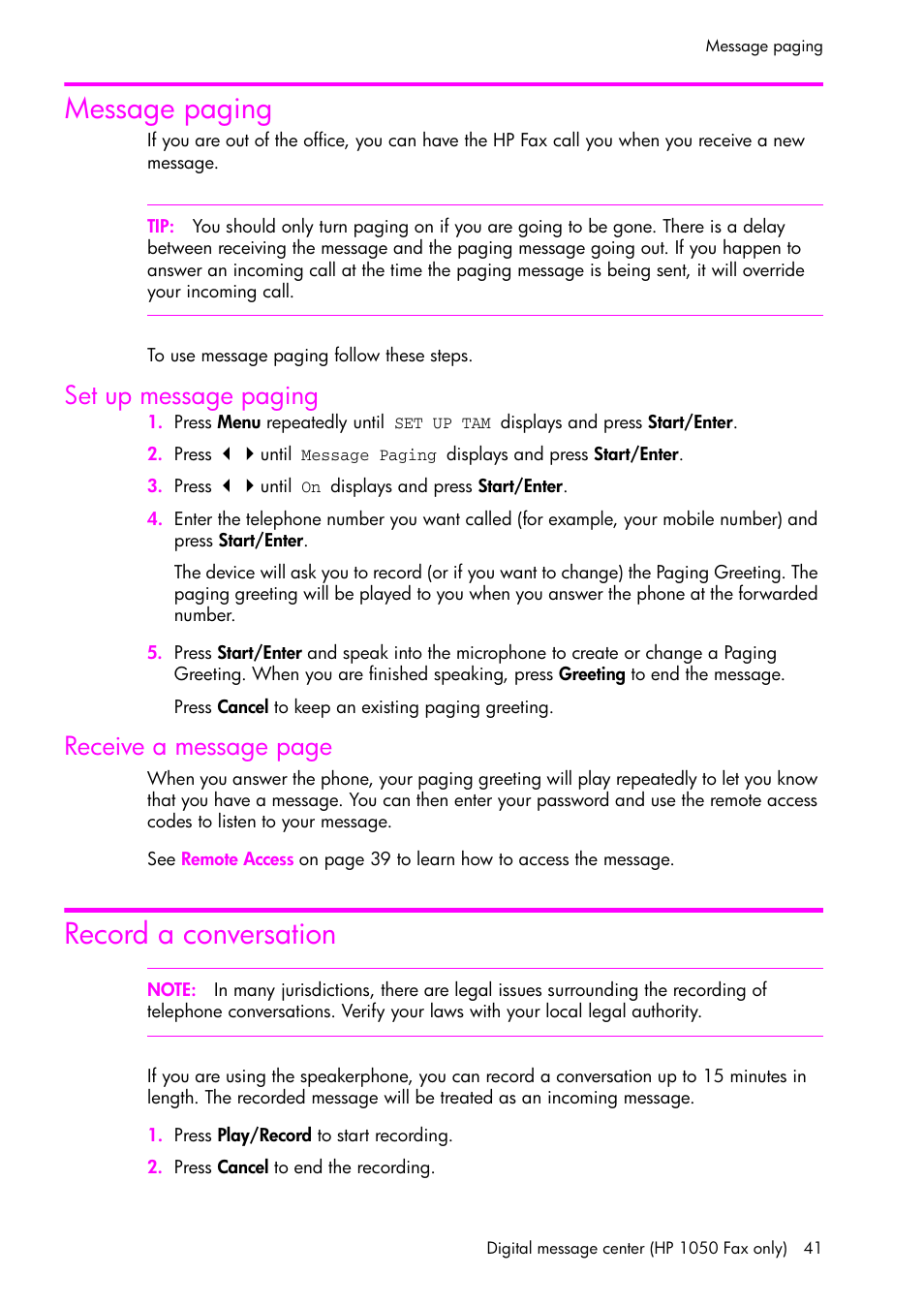 Message paging, Set up message paging, Record a conversation | Receive a message page | HP 1040 User Manual | Page 47 / 94