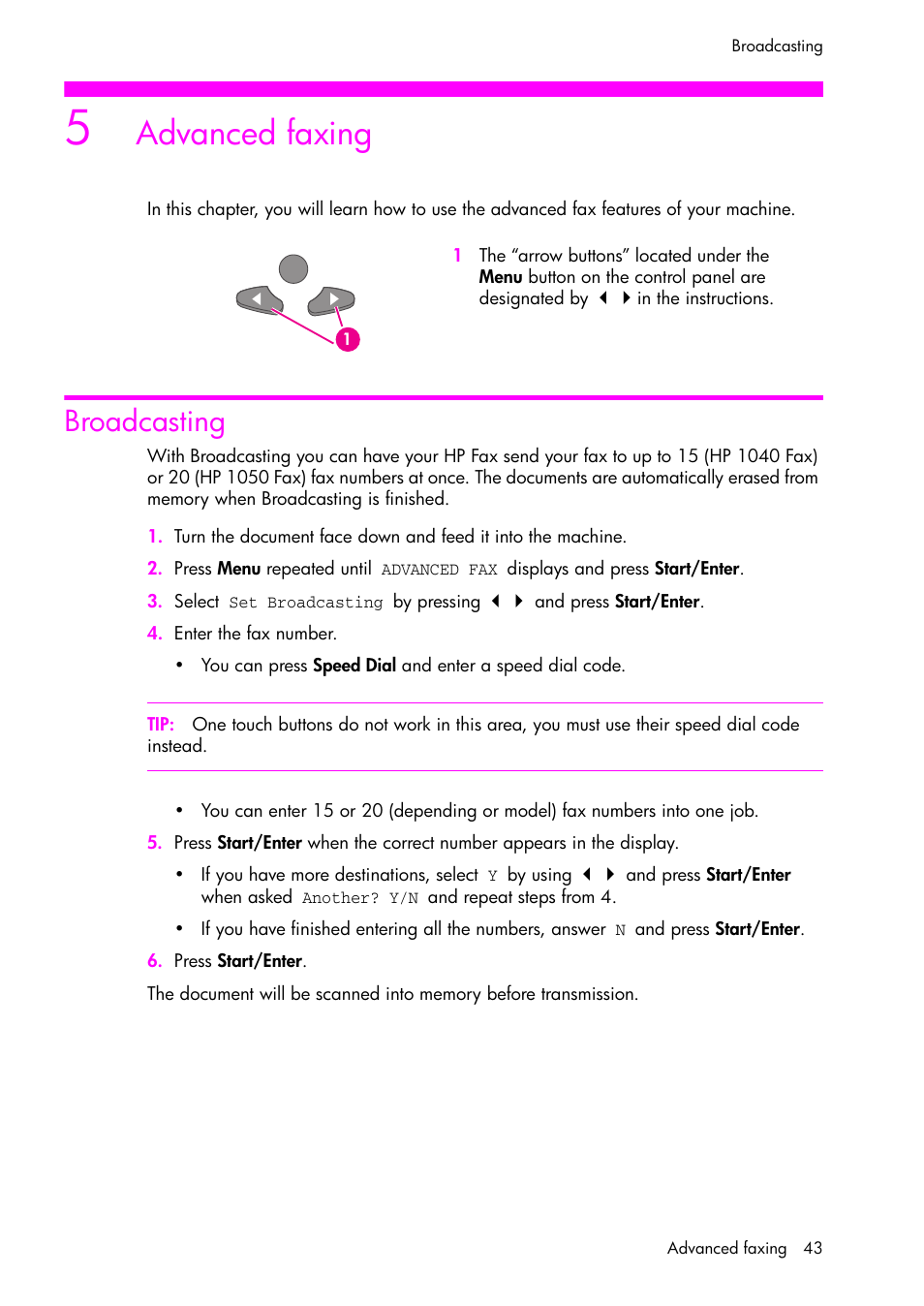 Advanced faxing, Broadcasting | HP 1040 User Manual | Page 49 / 94