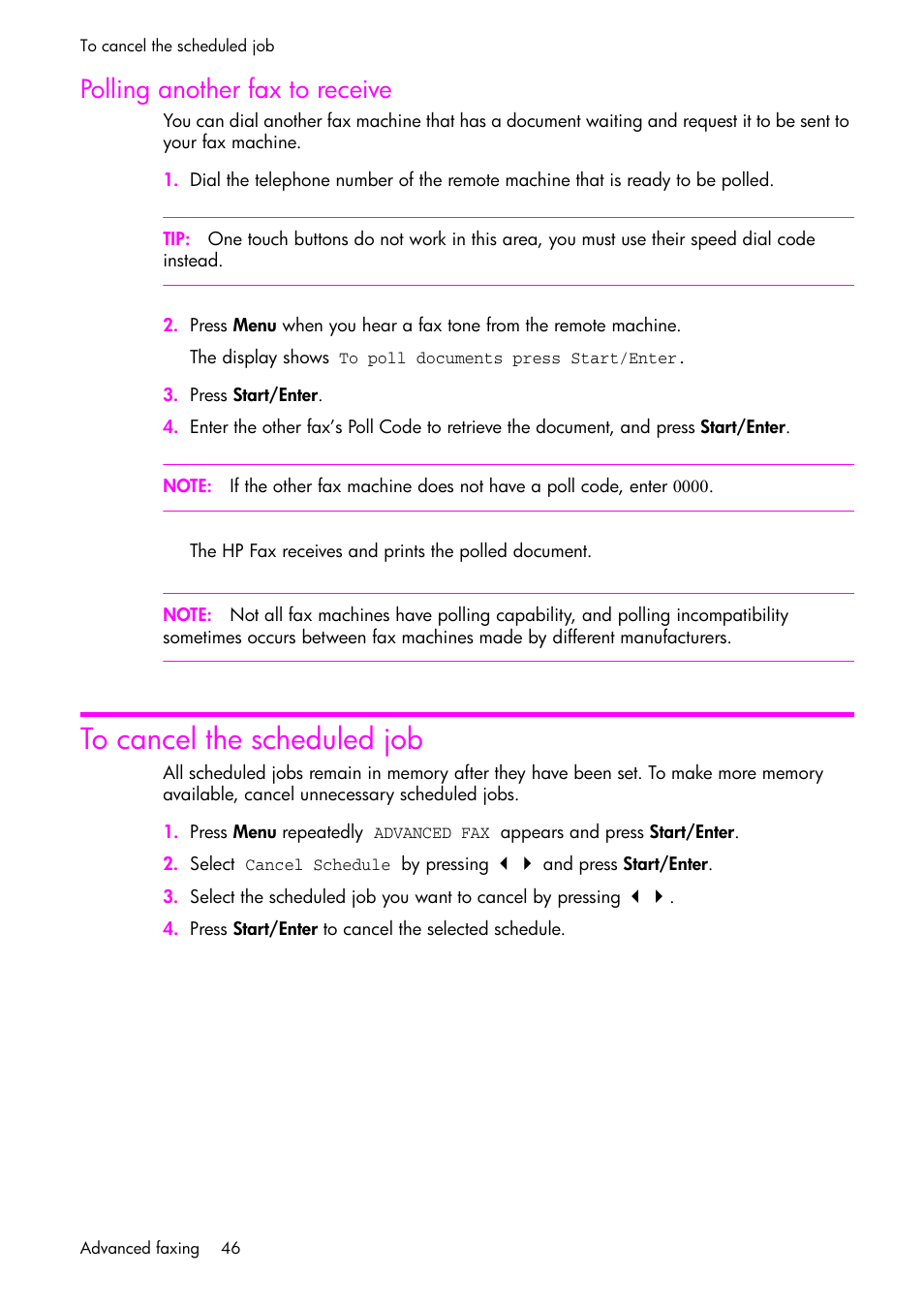 Polling another fax to receive, To cancel the scheduled job | HP 1040 User Manual | Page 52 / 94