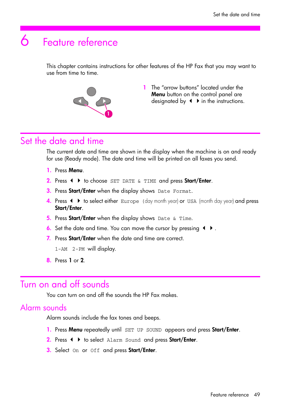 Feature reference, Set the date and time, Turn on and off sounds | Alarm sounds | HP 1040 User Manual | Page 55 / 94