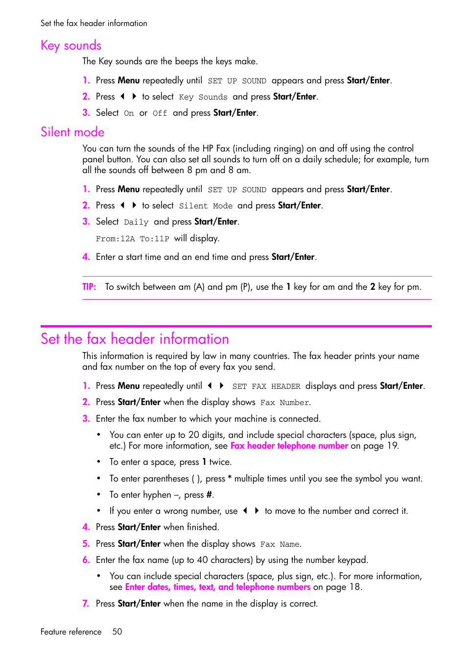 Key sounds, Silent mode, Set the fax header information | S (see, Set the fax header, Information | HP 1040 User Manual | Page 56 / 94