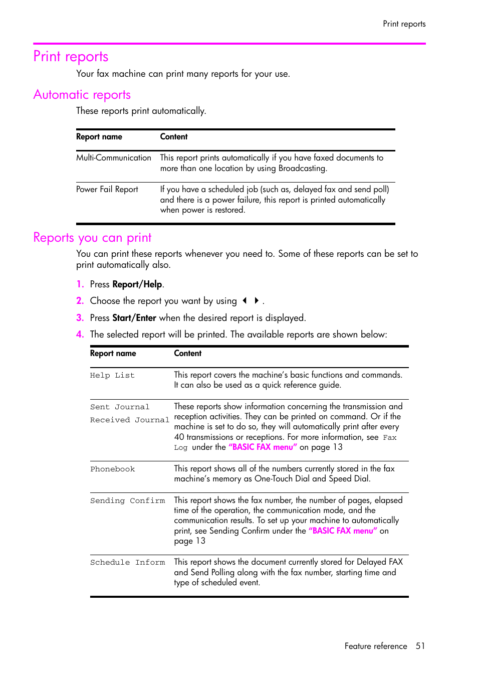 Print reports, Automatic reports, Reports you can print | HP 1040 User Manual | Page 57 / 94