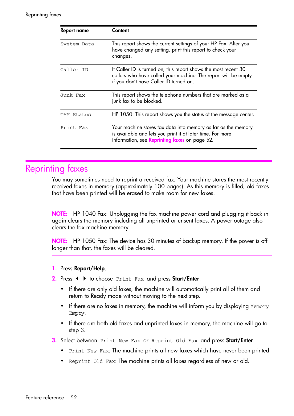 Reprinting faxes | HP 1040 User Manual | Page 58 / 94